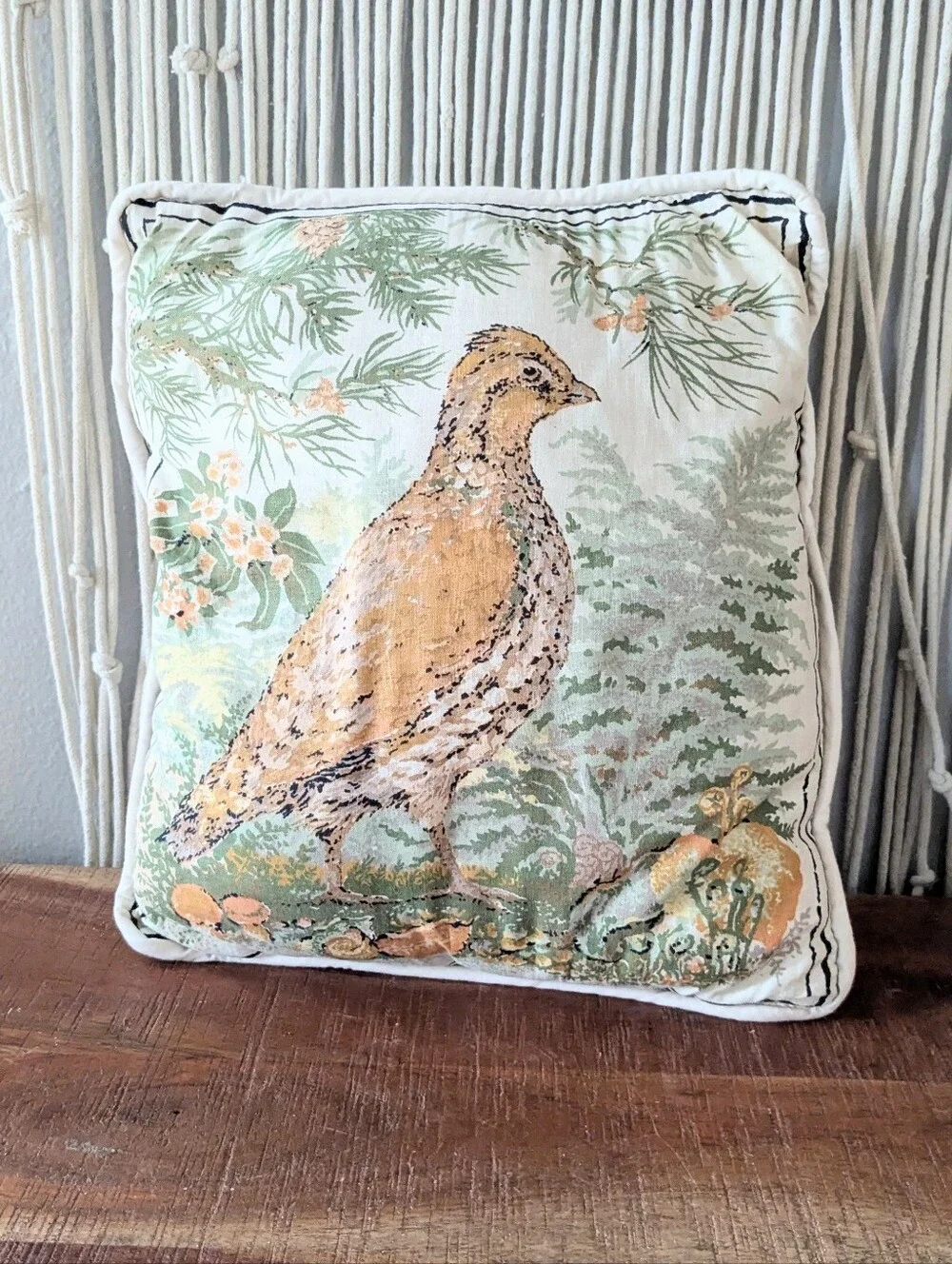 Vintage Quail Bird Pine Branch Botanical Tapestry Accent Pillow Small